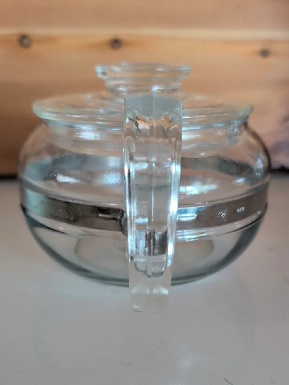 VTG. Pyrex Flameware Clear Glass Teapot with Silver Accent Lid. Made In USA